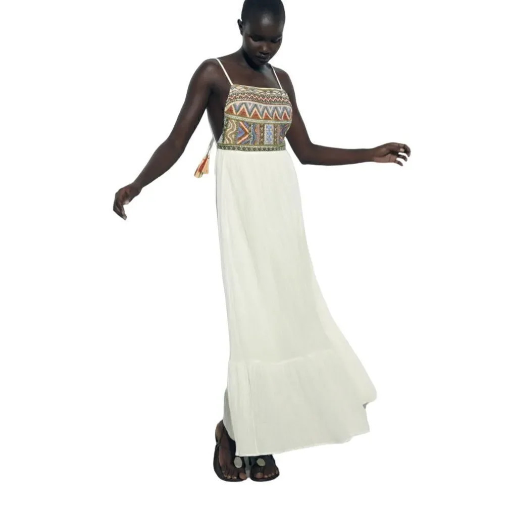 ZARA Oyster White Embroidered Beaded Maxi Dress NWT Sizes S L Boho Resort - Picture 3 of 11